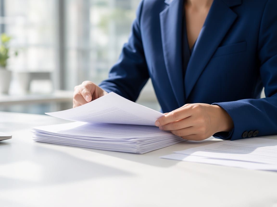 A legal assistant reviewing case files at a desk