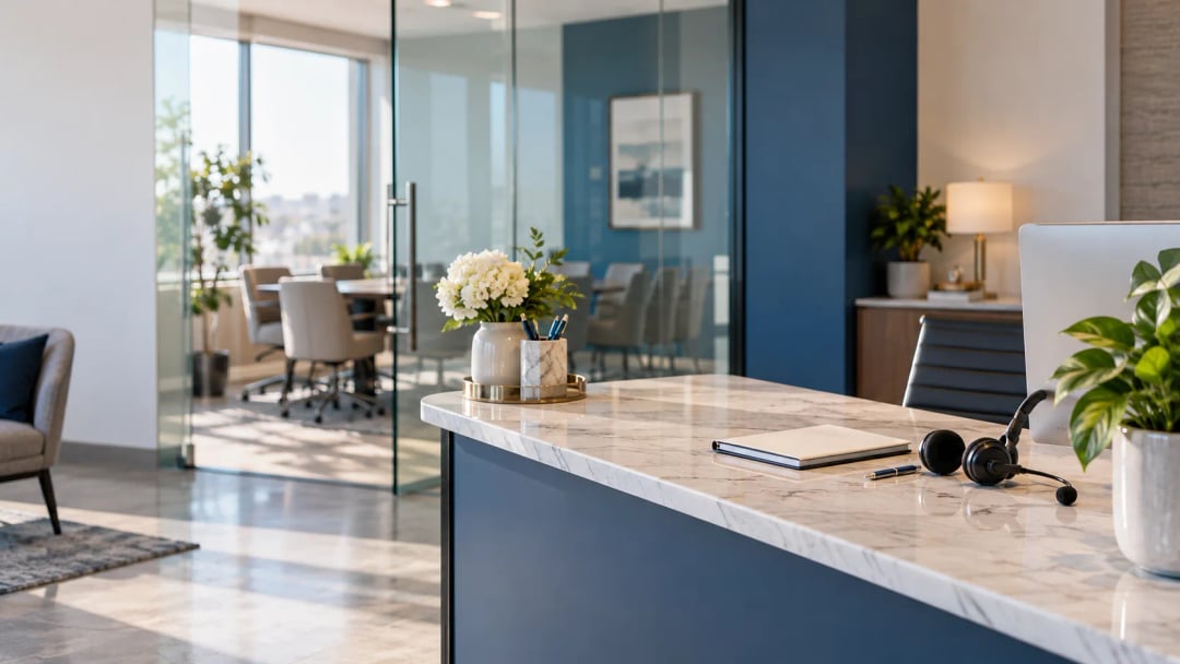 Illustrative intake workspace with a headset and consultation room