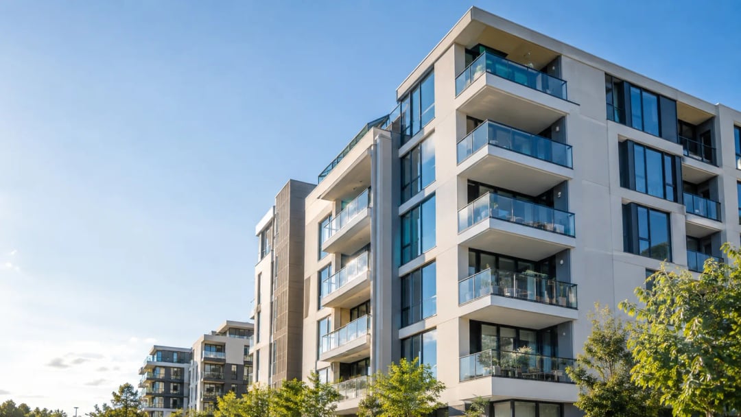 Illustrative modern apartment building with glass balconies