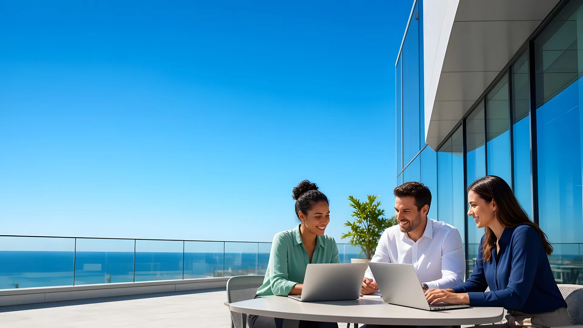 Professionals collaborating at a bright open-air workspace